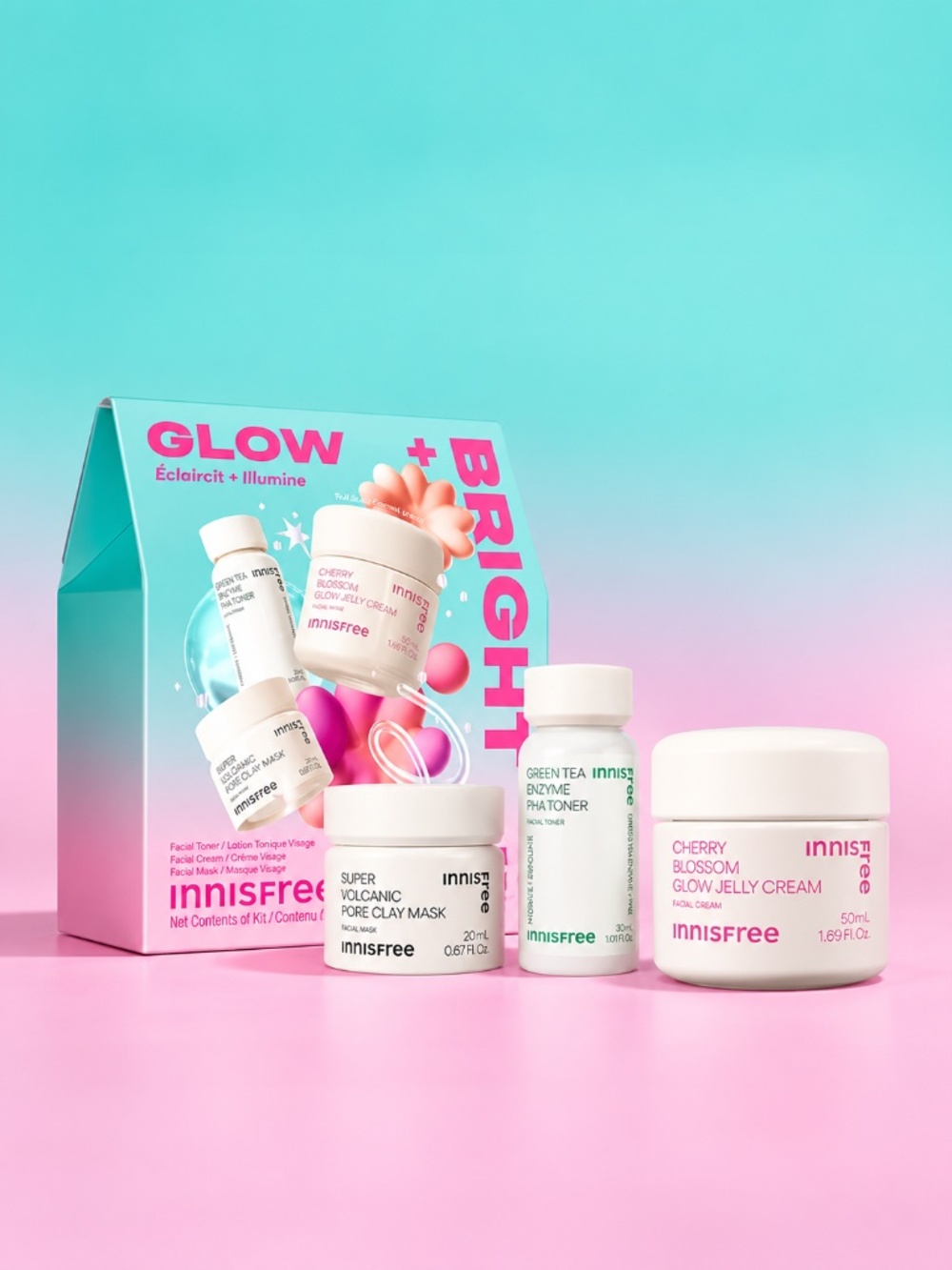 3pc Innisfree Glow + Brighten Skincare Box Set K-Beauty Kit Radiance + Pore Care